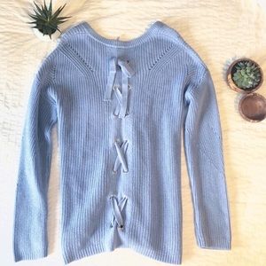 Blue knit lace up sweater
